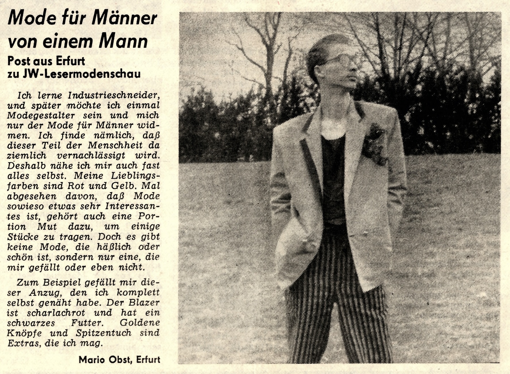 Recorte de Junge Welt sobre el diseño de moda masculina de Mario Obst, 13 de mayo de 1988