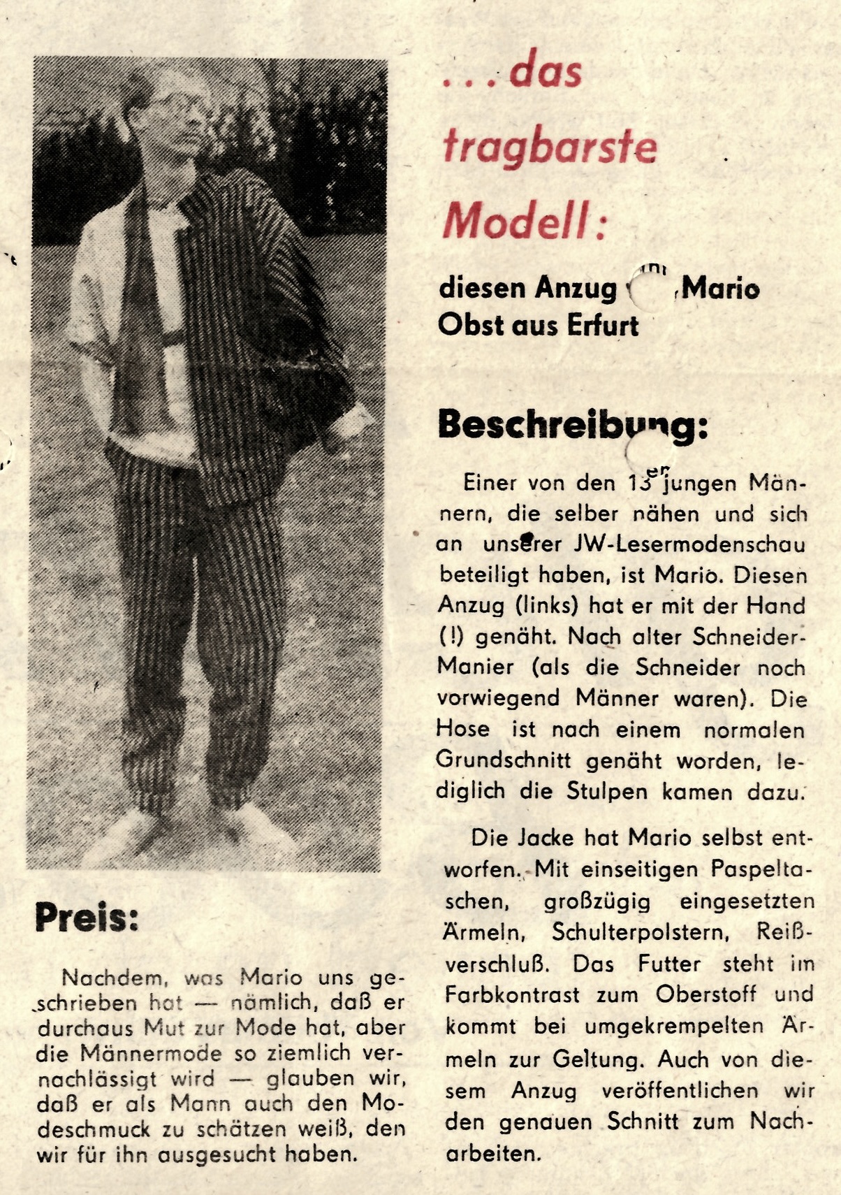 Recorte sobre el traje premiado de Mario Obst, Junge Welt, 4 de noviembre de 1988