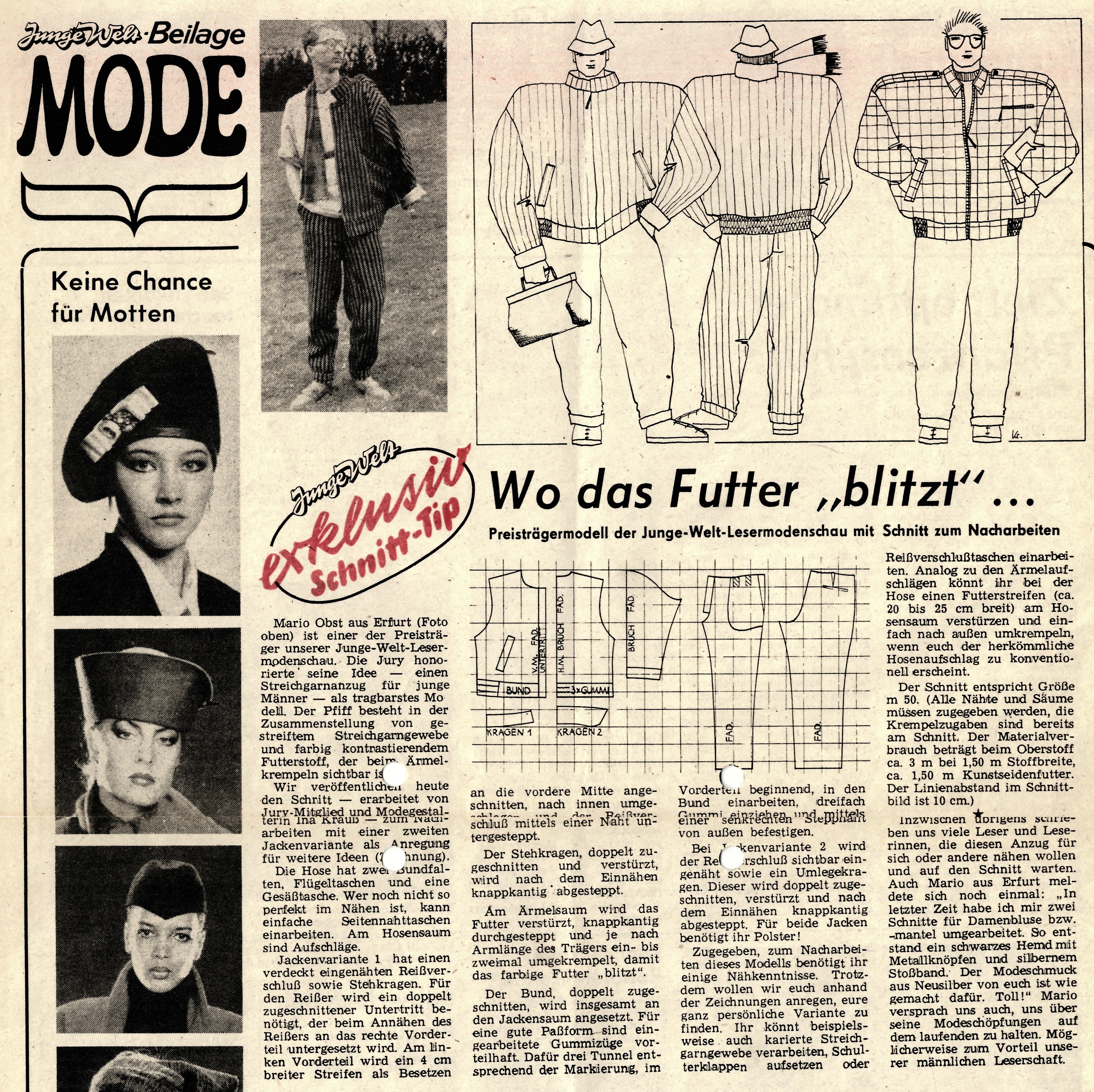 Suplemento de moda de Junge Welt con el diseño premiado y el patrón de Mario Obst, 13 de enero de 1989