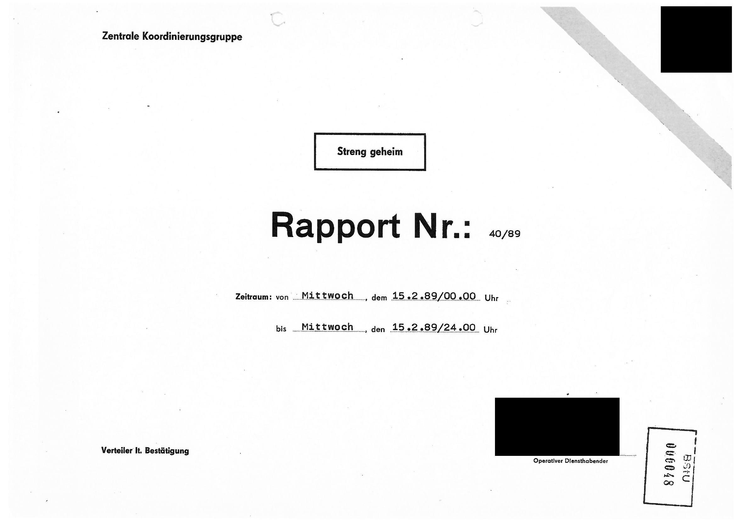 Portada del parte de alto secreto de la Stasi del 15 de febrero de 1989